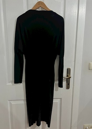 Siyah V Yakalı Midi Kalem Elbise - Görsel 3