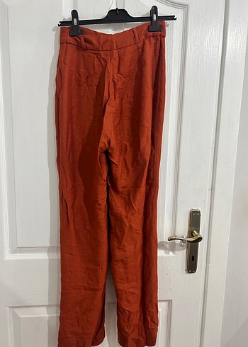 Düğmeli Kahverengi Keten Kadın Pantolon - Görsel 2