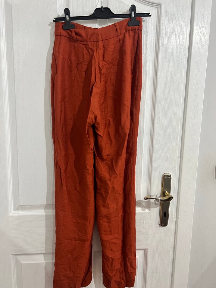 Düğmeli Kahverengi Keten Kadın Pantolon - Görsel 2