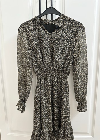 Uzun Kollu Siyah Çiçekli Bohem Mini Elbise - Görsel 2