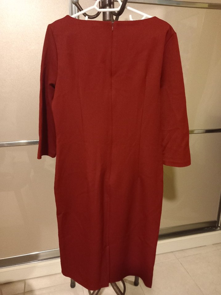 Bordo Düğmeli Midi Ofis Elbisesi - Görsel 4