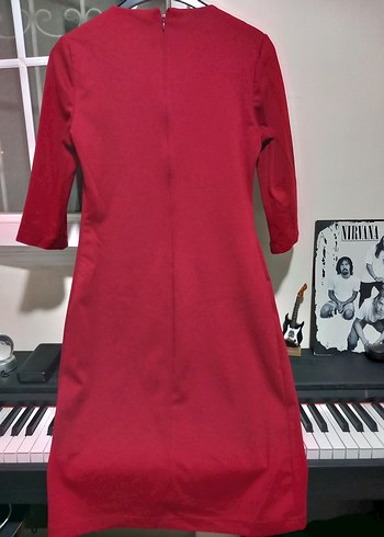 Bordo V Yaka Desenli Ofis Elbise - Görsel 6