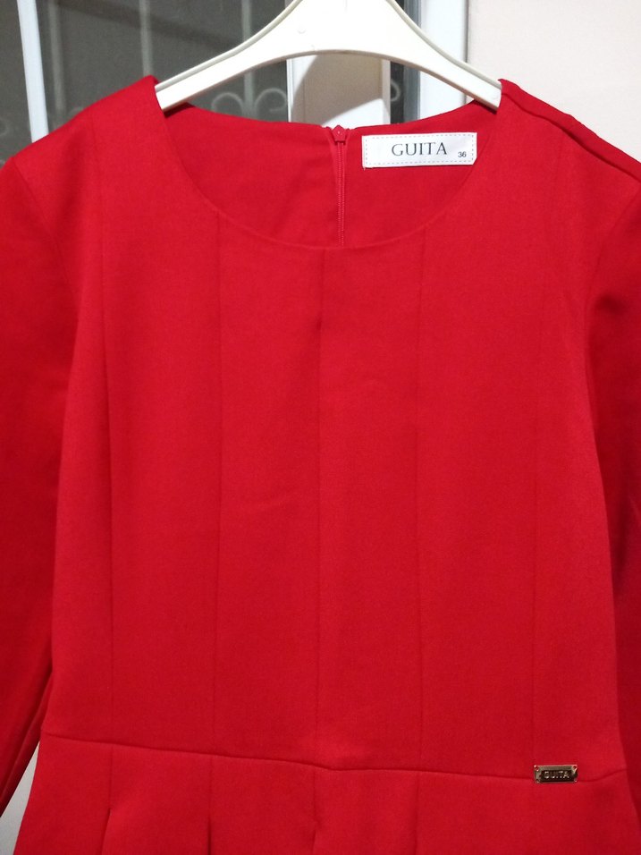 Kırmızı Pilili Midi Kadın Elbise - Görsel 4