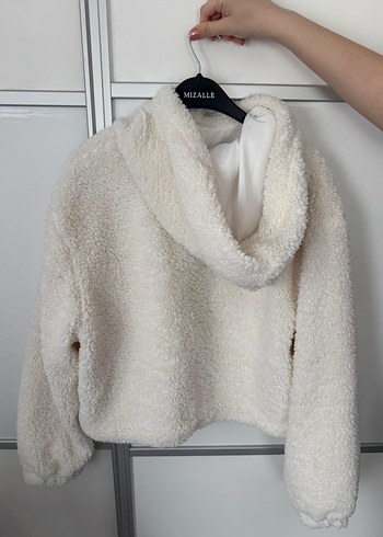 Beyaz Peluş Kadın Kapüşonlu Sweatshirt - Görsel 2