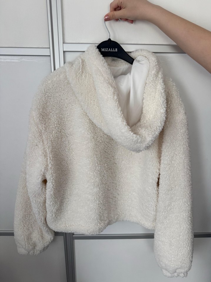 Beyaz Peluş Kadın Kapüşonlu Sweatshirt - Görsel 2