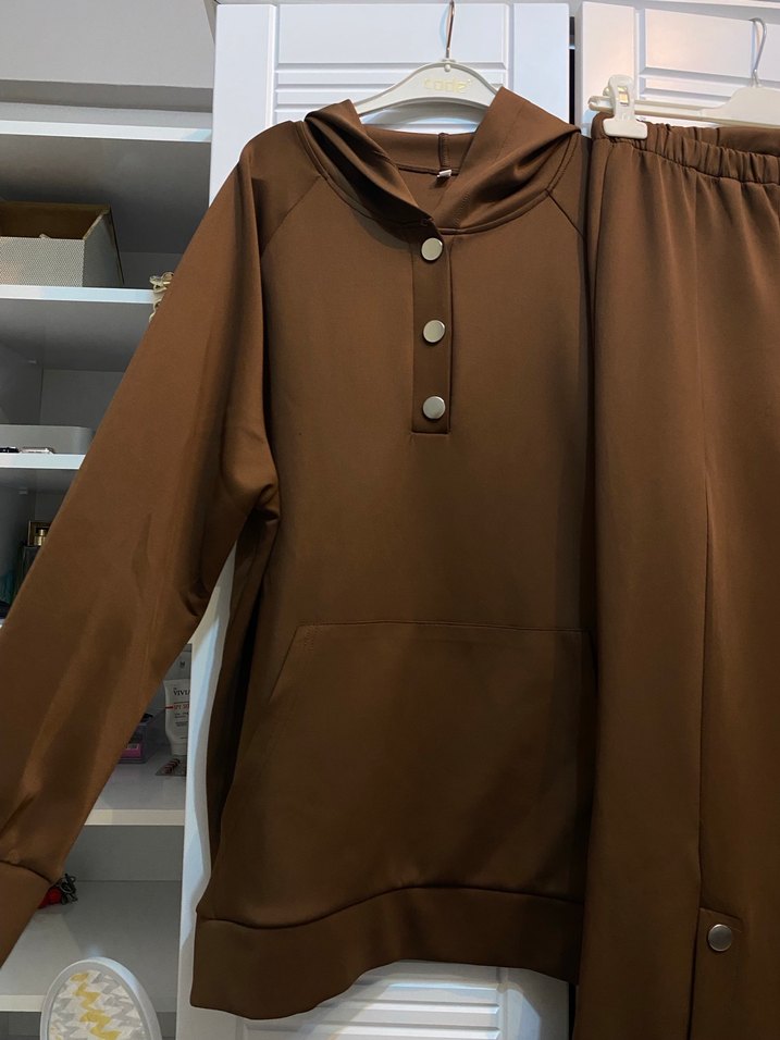 Düğmeli Kahverengi Scuba Kumaş Eşofman Takımı - Görsel 3