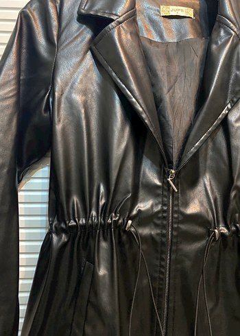 Bel Büzgülü Siyah Deri Ceket Kadın - Görsel 2