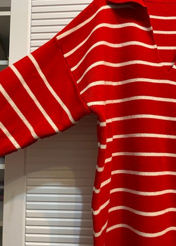Kadın Kırmızı Çizgili Triko Gömlek Yaka Kazak - Görsel 2