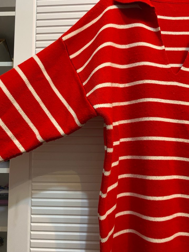 Kadın Kırmızı Çizgili Triko Gömlek Yaka Kazak - Görsel 2