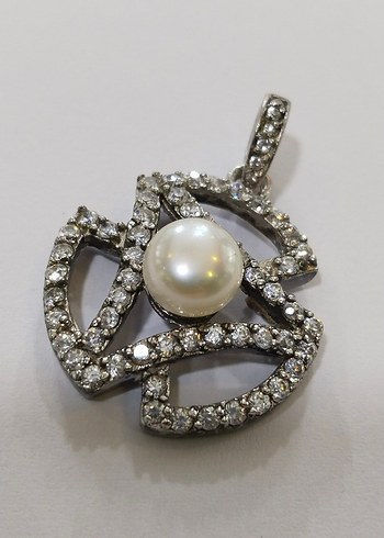 İnci ve Taş Detaylı Gri Çiçekli Kolye Ucu - Görsel 4