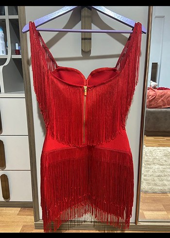 Püsküllü Kırmızı Mini Straplez Elbise - Görsel 5