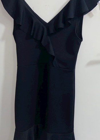 Siyah V Yaka Fırfırlı Mini Elbise - Görsel 5