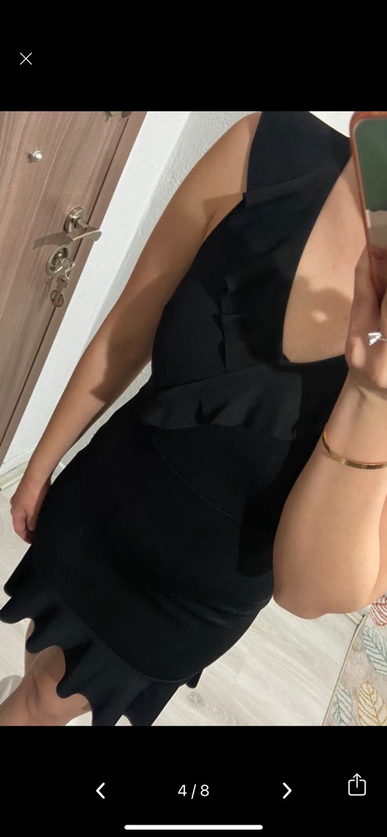 Siyah V Yaka Fırfırlı Mini Elbise - Görsel 4