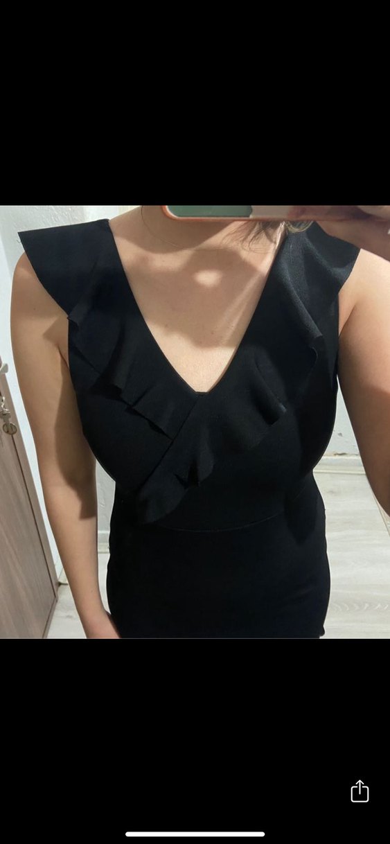 Siyah V Yaka Fırfırlı Mini Elbise - Görsel 3