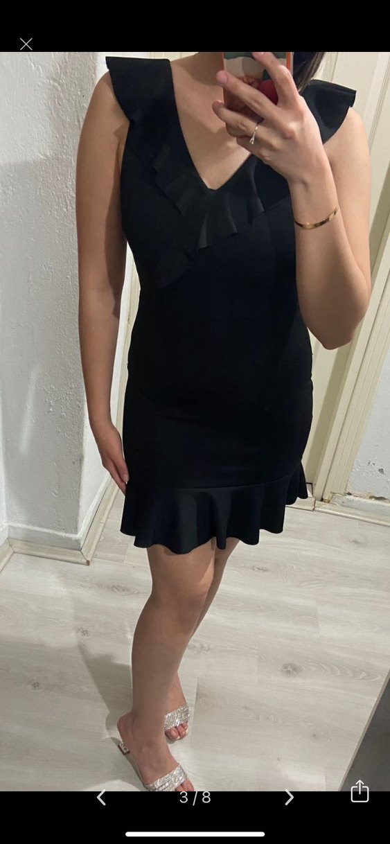 Siyah V Yaka Fırfırlı Mini Elbise - Görsel 2