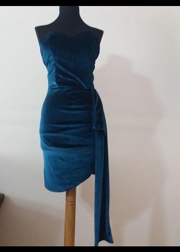 Mavi Drapeli Mini Straplez Abiye Elbise - Görsel 4