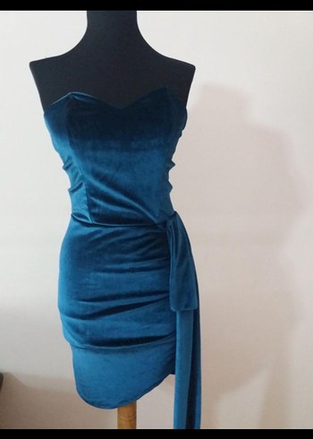 Mavi Drapeli Mini Straplez Abiye Elbise - Görsel 3