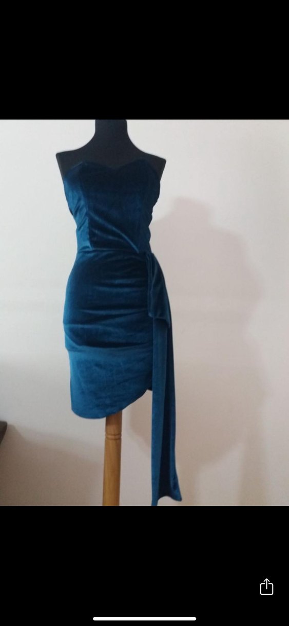 Mavi Drapeli Mini Straplez Abiye Elbise - Görsel 4