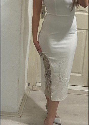 Dantel Detaylı Beyaz Uzun Kalem Elbise - Görsel 5