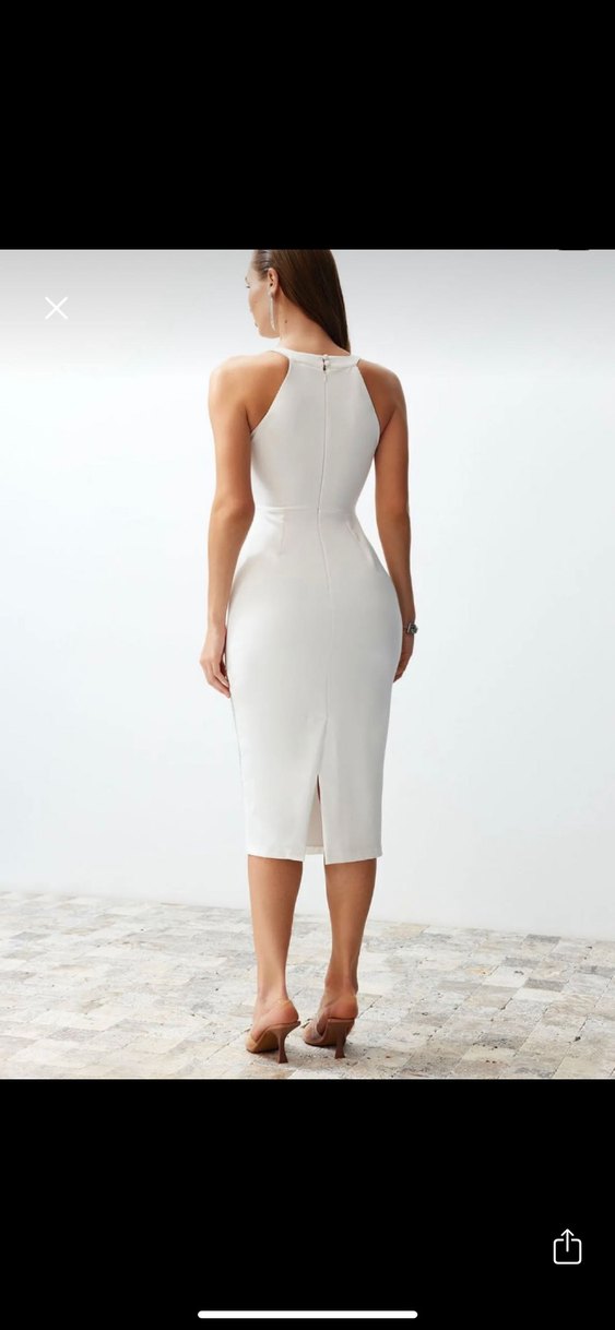 Dantel Detaylı Beyaz Uzun Kalem Elbise - Görsel 3