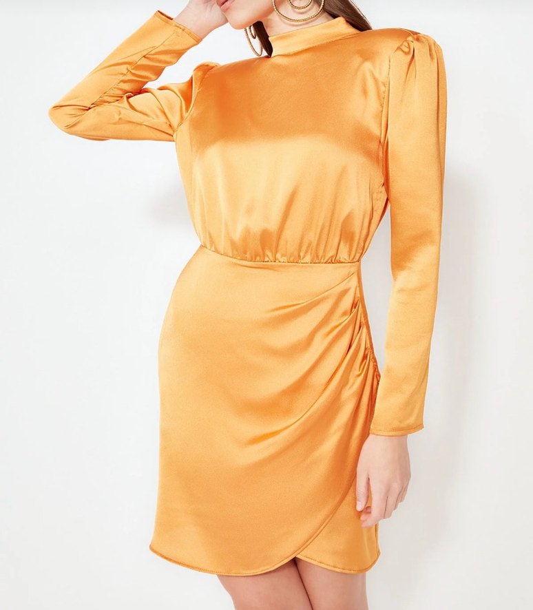 Drapeli Yüksek Yakalı Kadın Elbise - Görsel 3