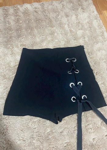 Kadın Siyah Mini Şort Etek Bağcıklı - Görsel 2