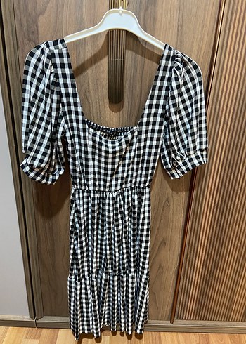 Siyah Beyaz Kareli Mini Elbise - Görsel 3