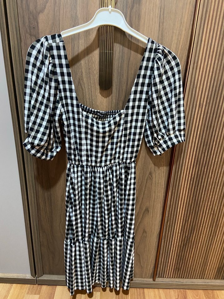 Siyah Beyaz Kareli Mini Elbise - Görsel 3