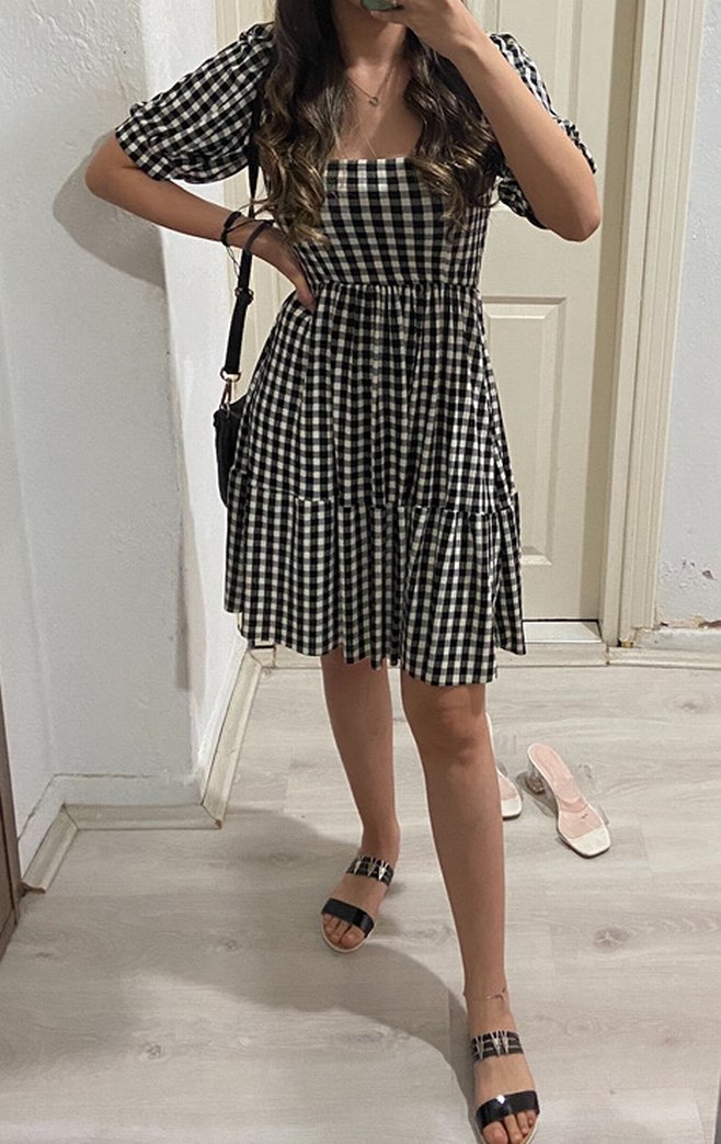 Siyah Beyaz Kareli Mini Elbise - Görsel 2