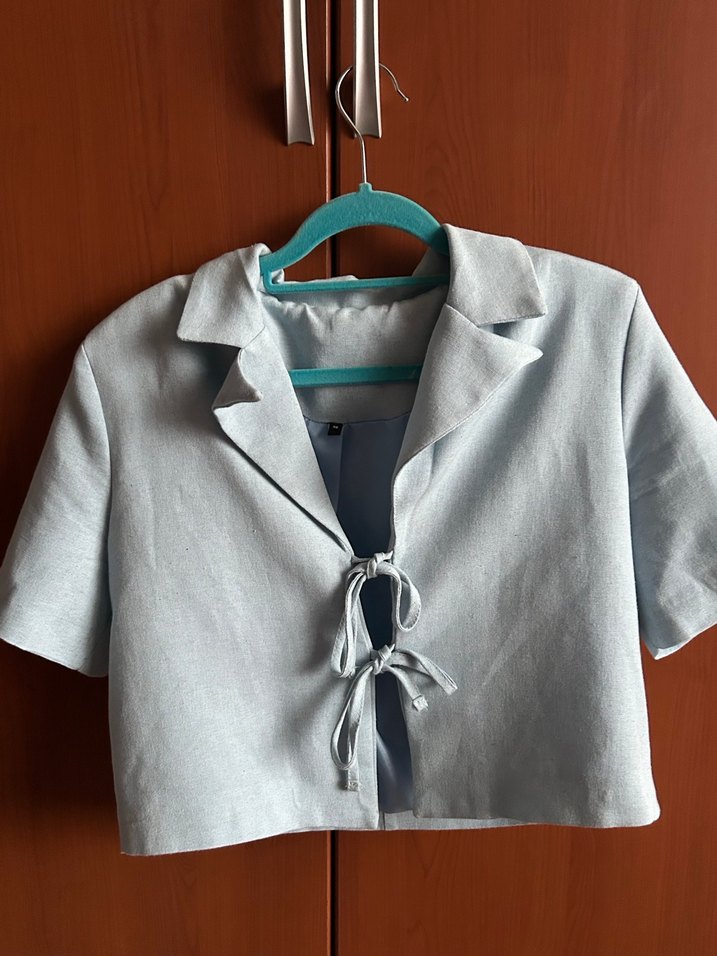 Düğmeli V Yakalı Mavi Mini Kadın Gömlek - Görsel 5