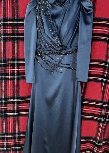 Kadın mavi Uzun Kollu Nakışlı tesettür Abiye Elbise - Görsel 2