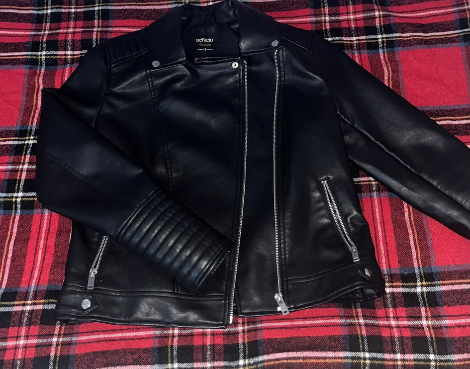 Kadın Siyah Deri Biker Ceket - Görsel 2