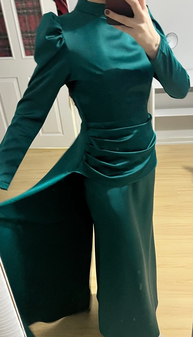 Yeşil Uzun Drapeli tesettür Kadın Elbise - Görsel 2