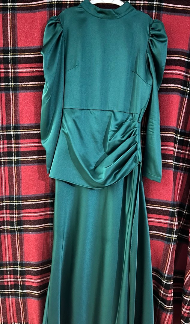 Yeşil Uzun Drapeli tesettür Kadın Elbise - Görsel 3