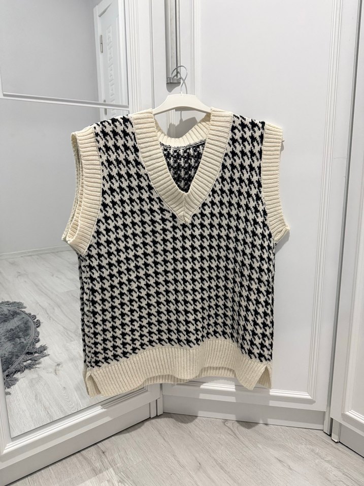 Ekoseli V Yaka Örgü Süveter - Görsel 2