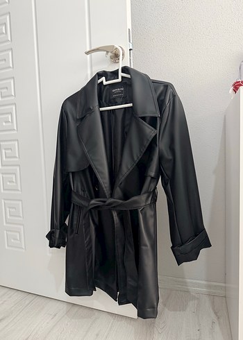 Kadın Siyah Deri Midi Ceket - Görsel 2