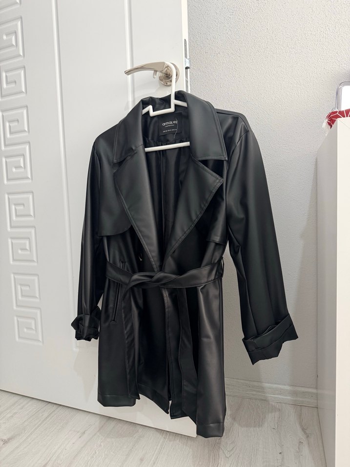 Kadın Siyah Deri Midi Ceket - Görsel 2