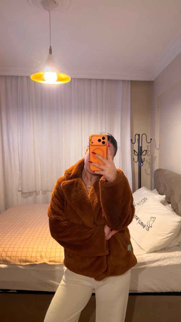 Kahverengi Midi Kadın Kışlık Peluş Ceket - Görsel 3