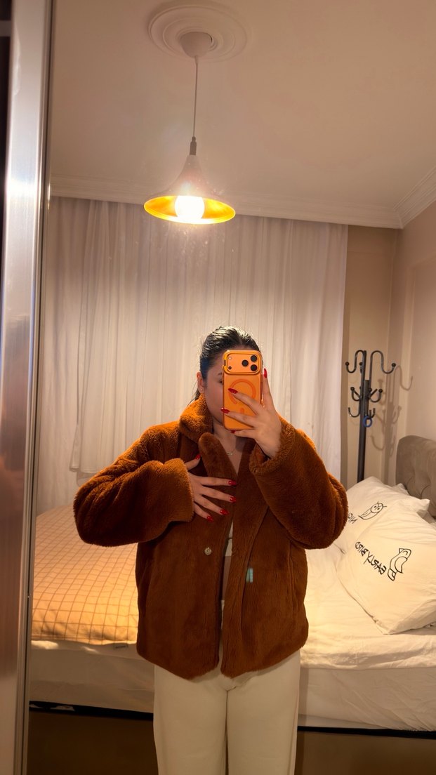 Kahverengi Midi Kadın Kışlık Peluş Ceket - Görsel 2