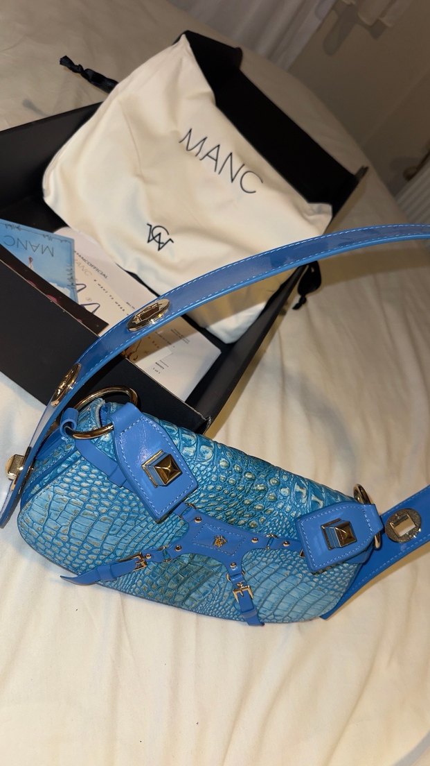 Manc Mavi Yılan Derisi Desenli Deri Kadın çanta - Görsel 2