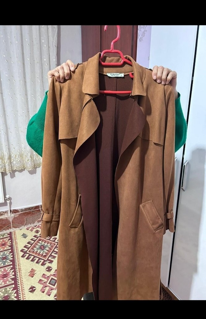 Kahverengi Süet Uzun Kadın Trençkot - Görsel 2