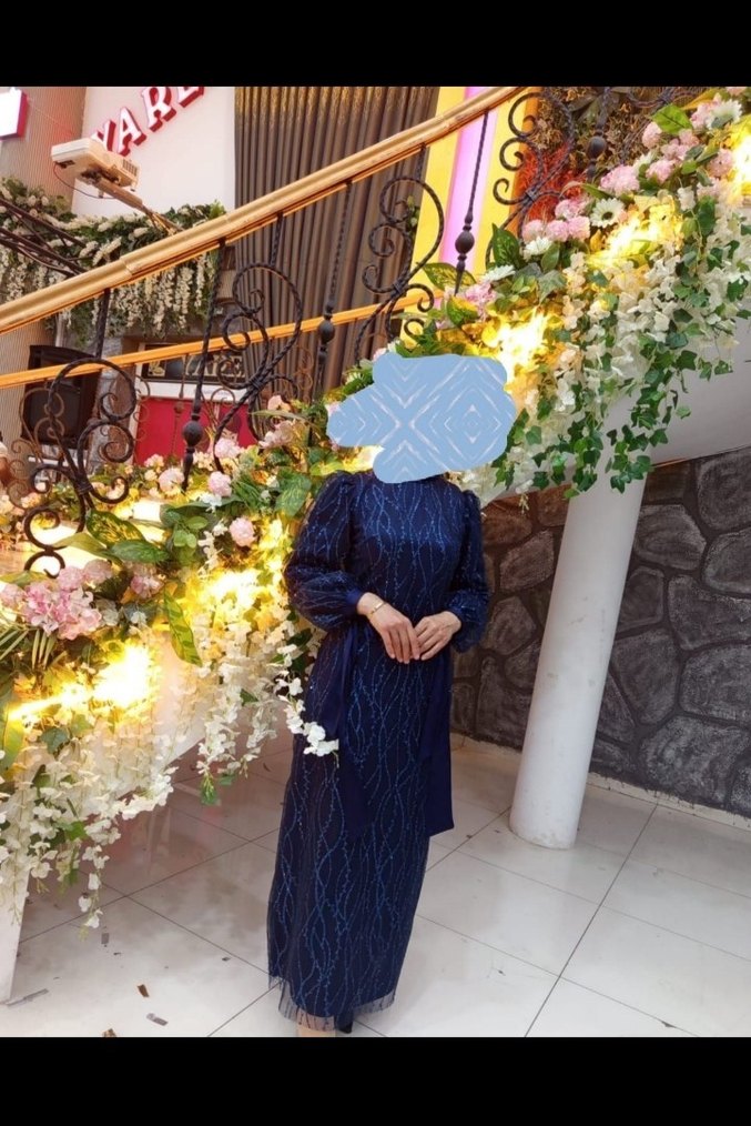 Bohem Tarzda Uzun Kollu Drapeli Mavi Abiye Elbise - Görsel 2