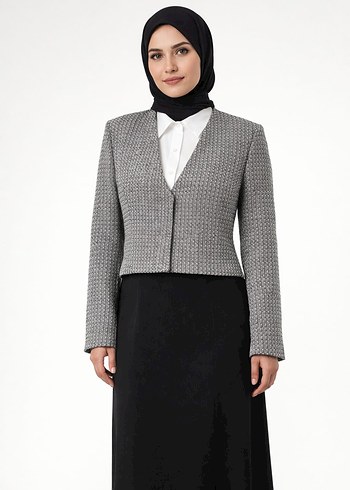 Gri Tüvit Crop Ceket - V Yaka Kısa Ceket - Görsel 2