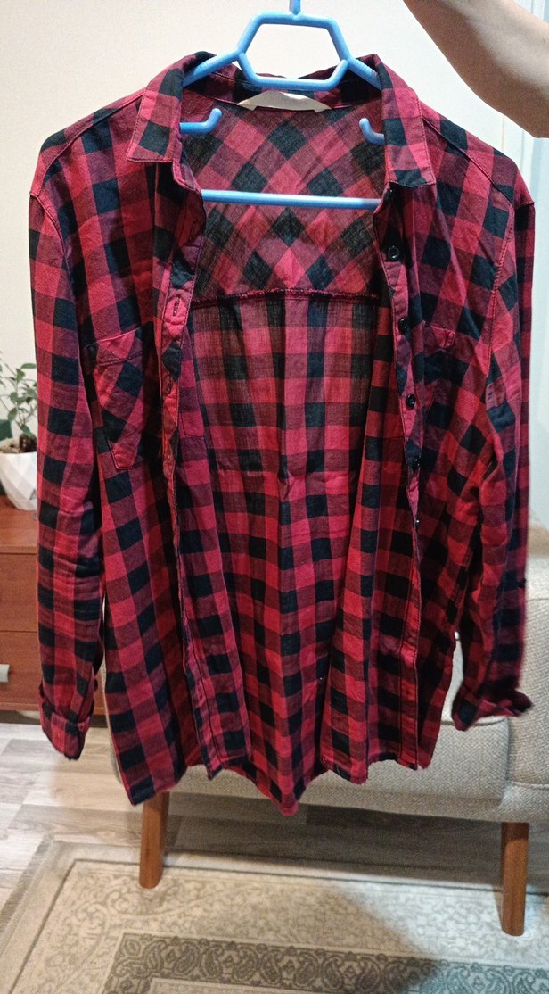 Kadın Kırmızı Kareli Uzun Kollu Gömlek - Görsel 5