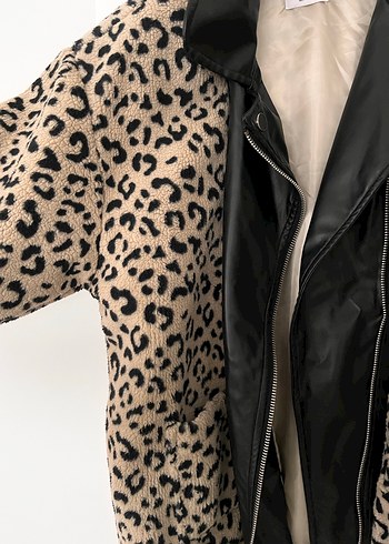 Kürk Detaylı Leopar Desenli Deri Kadın Ceket - Görsel 5