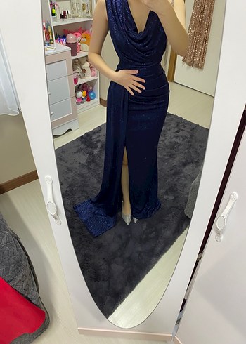 Uzun Lacivert Drapeli Abiye Elbise - Görsel 2