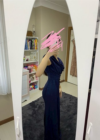 Uzun Lacivert Drapeli Abiye Elbise - Görsel 3