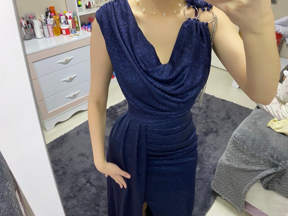 Uzun Lacivert Drapeli Abiye Elbise - Görsel 4