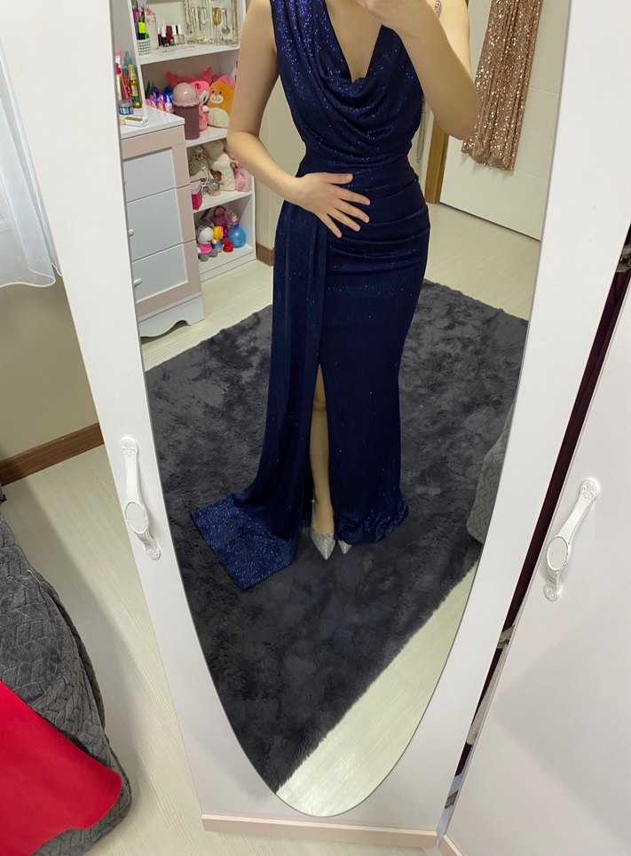 Uzun Lacivert Drapeli Abiye Elbise - Görsel 2