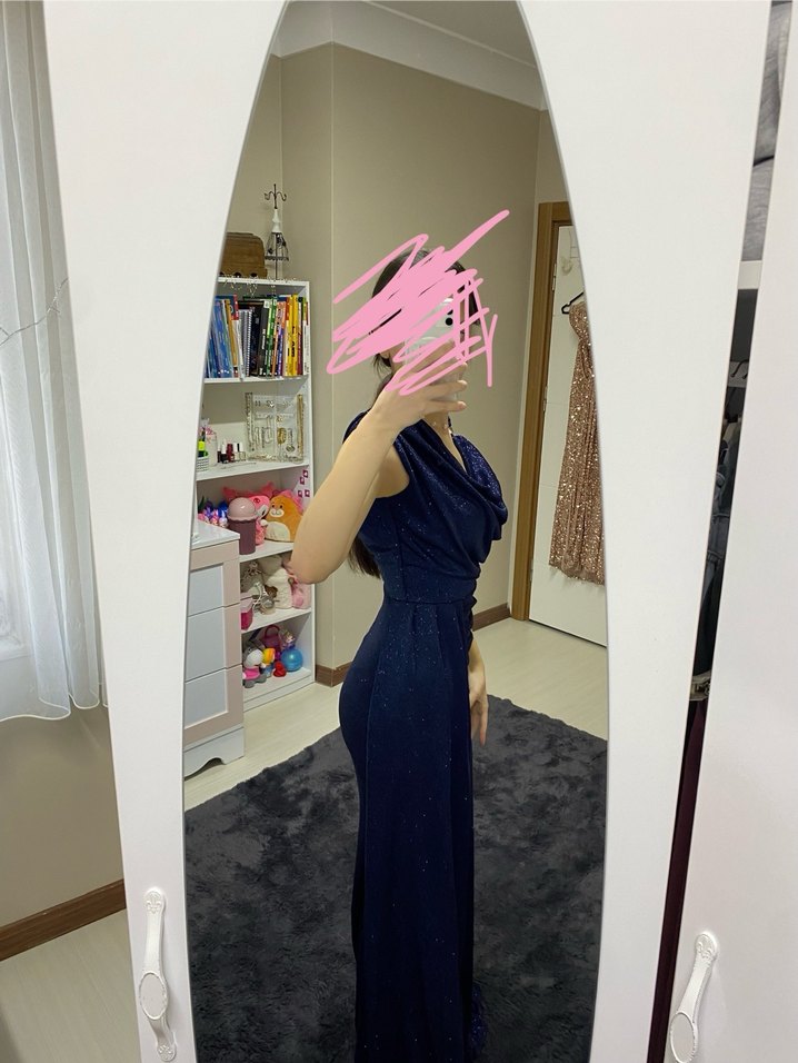 Uzun Lacivert Drapeli Abiye Elbise - Görsel 3